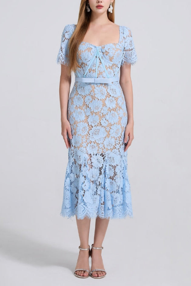 SQUARE NECK LACE MIDI DRESS IN BLUE