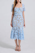 SQUARE NECK LACE MIDI DRESS IN BLUE
