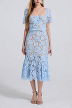 SQUARE NECK LACE MIDI DRESS IN BLUE