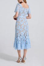 SQUARE NECK LACE MIDI DRESS IN BLUE