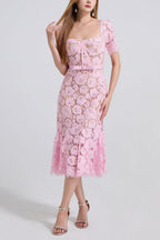SQUARE NECK LACE MIDI DRESS IN PINK