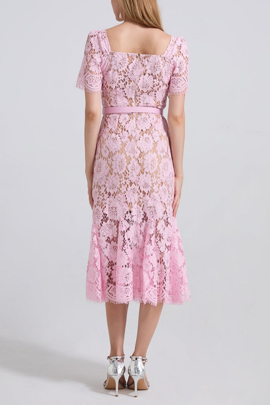 SQUARE NECK LACE MIDI DRESS IN PINK