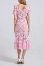 SQUARE NECK LACE MIDI DRESS IN PINK