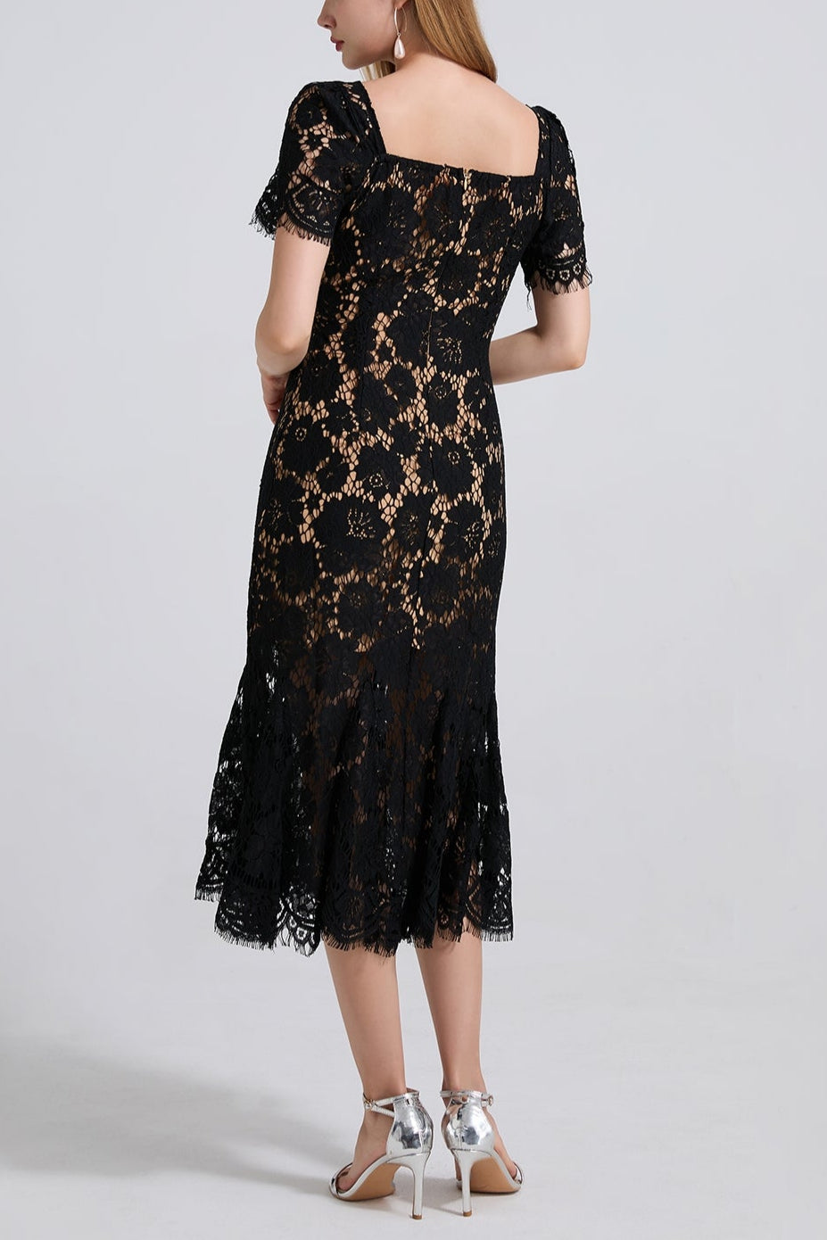 SQUARE NECK LACE MIDI DRESS IN BLACK