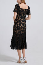 SQUARE NECK LACE MIDI DRESS IN BLACK