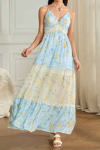 Floral Print Cami backless V Neck A Line maxi Dress - blue