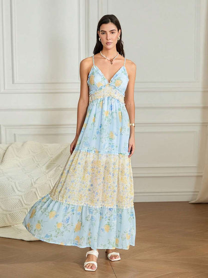 Floral Print Cami backless V Neck A Line maxi Dress - blue