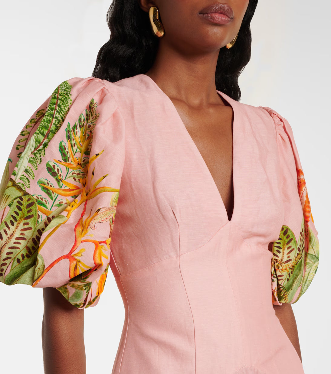 Flowering Girl Women v-neck puff sleeve cotton linen printed mini dress - pink