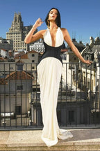Daryle Halter Denim Corset Ruched Maxi Dress