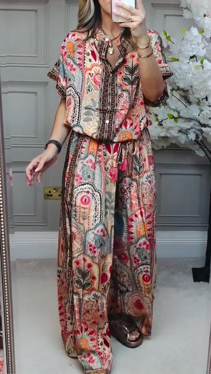 Flowering Girl Women Round Neck Printed Loose Casual Suit