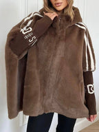 Flowering Girl Women Plush Hooded Vertical Stripe Printed Casual Coat