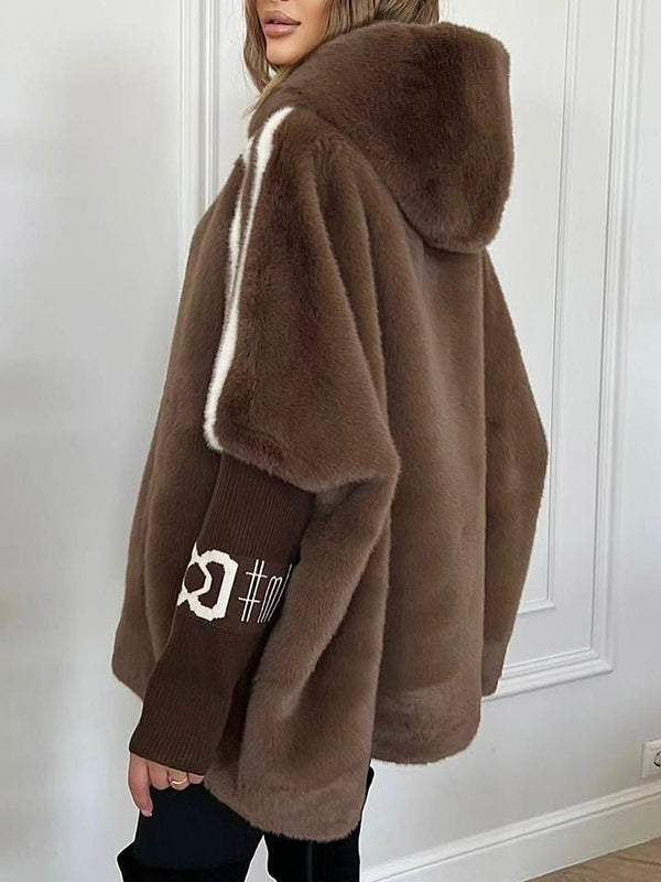Flowering Girl Women Plush Hooded Vertical Stripe Printed Casual Coat