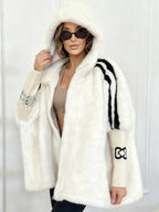 Flowering Girl Women Plush Hooded Vertical Stripe Printed Casual Coat