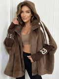 Flowering Girl Women Plush Hooded Vertical Stripe Printed Casual Coat