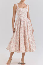 gemma Floral Cream Lace-Up Stretch Cotton Midi Dress