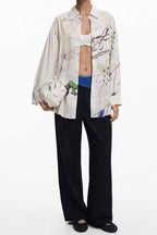 Cream Abstract Floral Sketch Print Long Sleeve Oversized Shirt