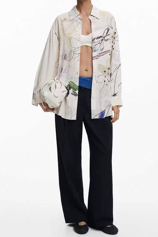 Cream Abstract Floral Sketch Print Long Sleeve Oversized Shirt