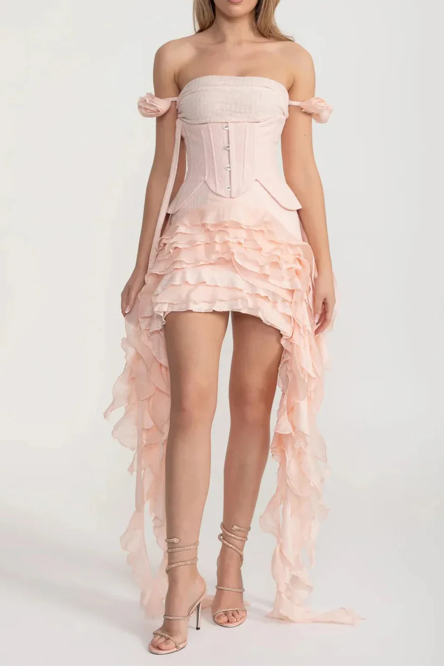 Flowering Girl Women Vintage Inspired Corset Dress With Ruched Bustier And Flowing Ruffled Side Details - Pink
