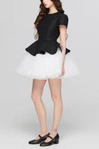 Flowering Girl Women Two-Tone Velvet Ruffle Hem Puffy Mini Dress