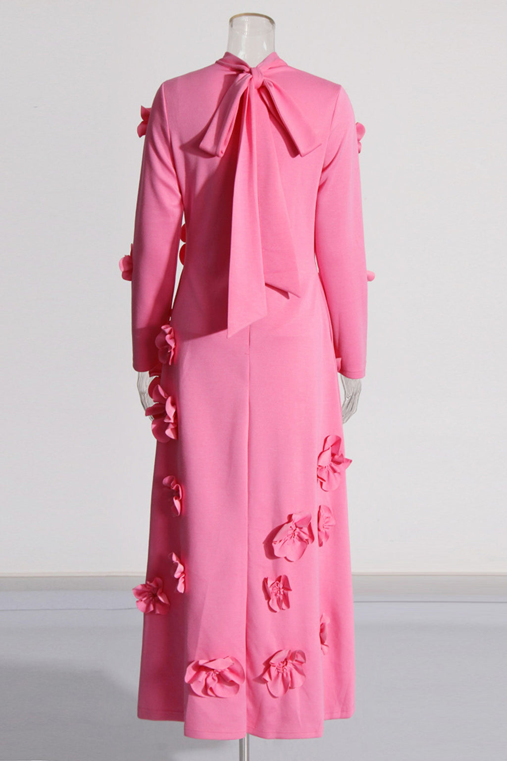Flowering Girl Women 3D Flower Stand Collar Long Sleeve Midi Dress