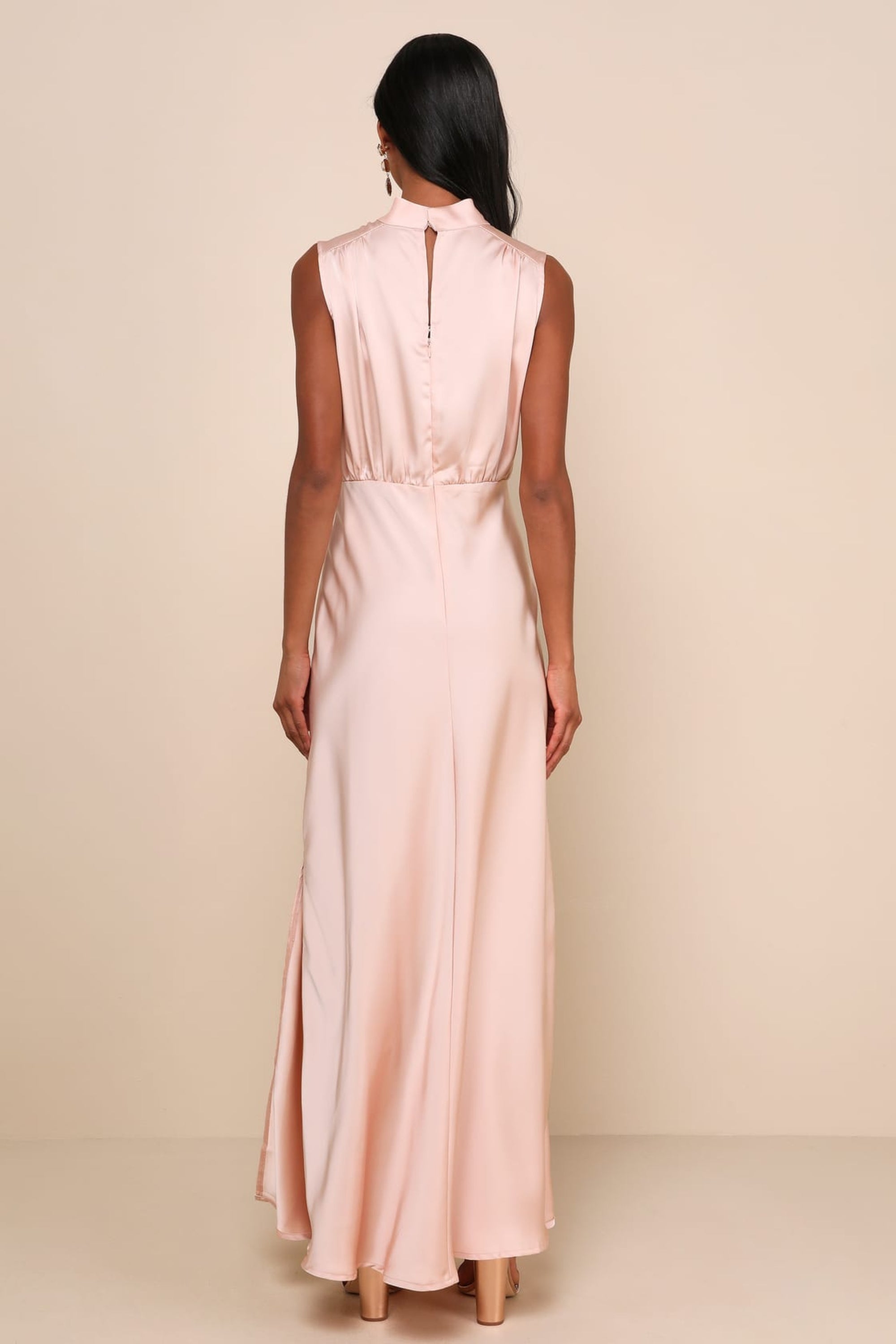 Flowering Girl Women Blush Satin Sleeveless Mock Neck Maxi Dress