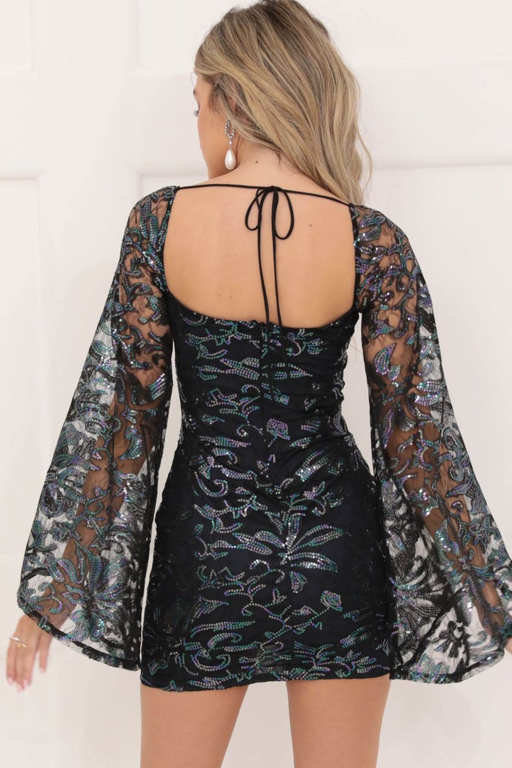Flowering Girl Women Black Mesh Sequin Flare Sleeve Dress in Navy