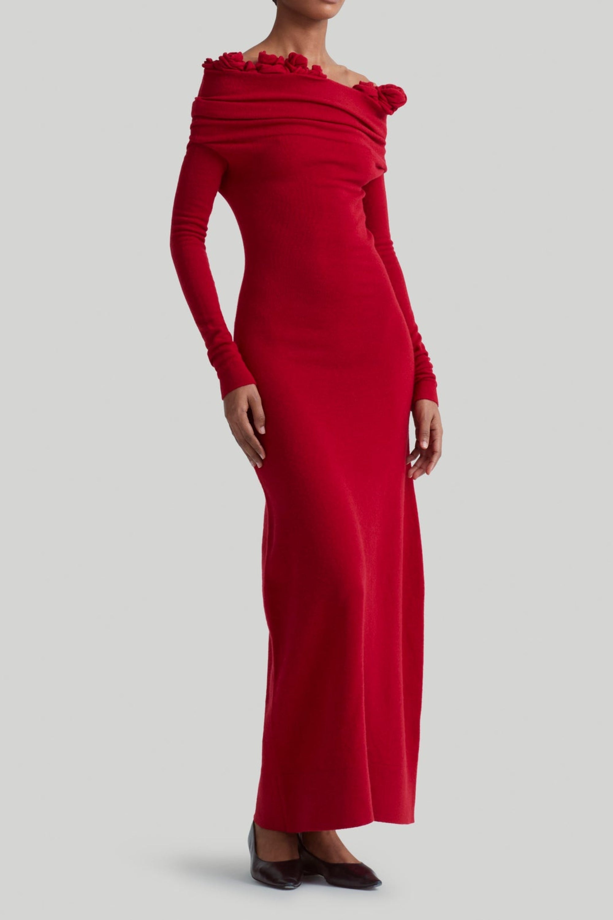 Off-Shoulder Floral Embellished Ruched Maxi Dress In Red
