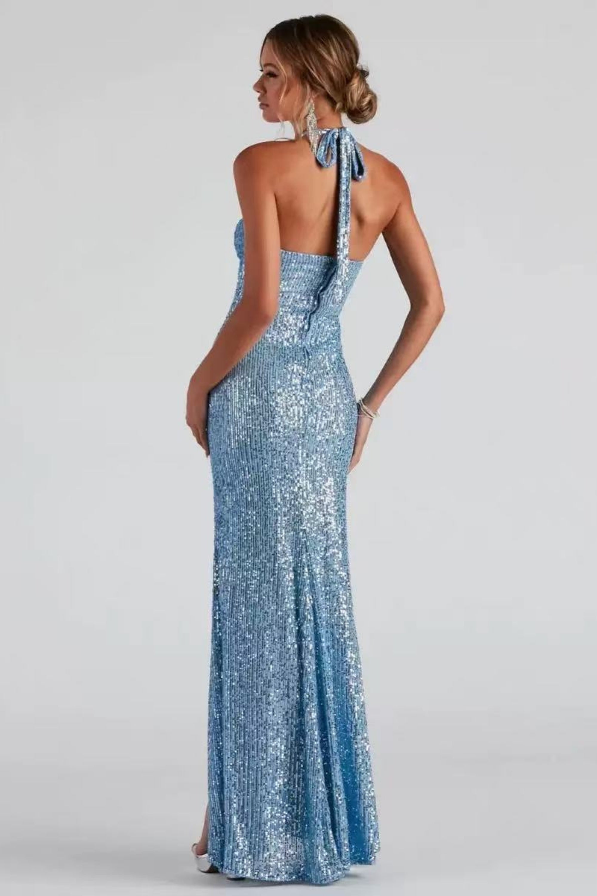 Halter Sequined Slit Maxi Dress