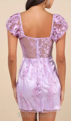 Flowering Girl Women Seriously Cute Lavender Embroidered Mesh Puff Sleeve Mini Dress