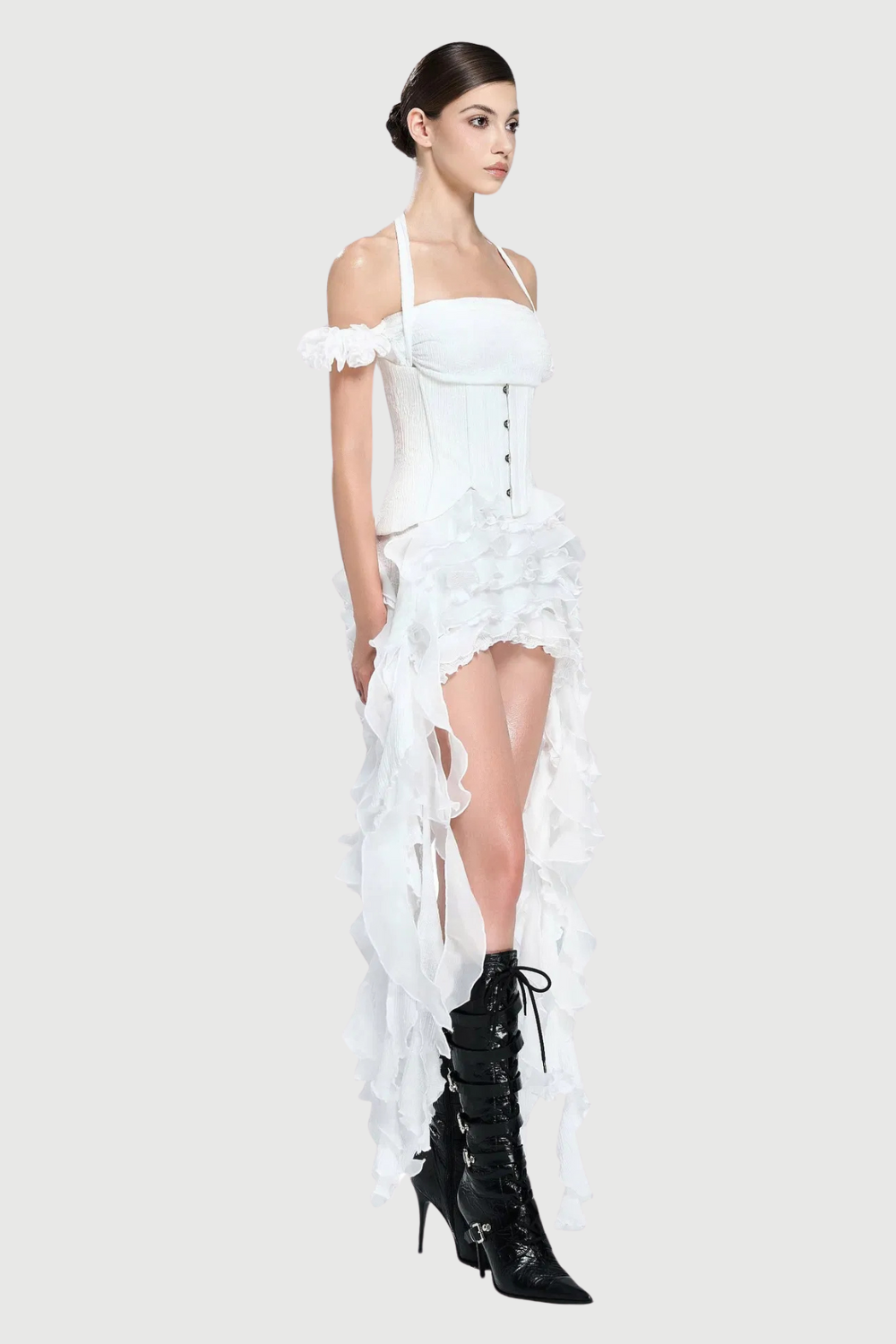 Flowering Girl Women elva halter three-dimensional flower irregular tassel mini dress in white