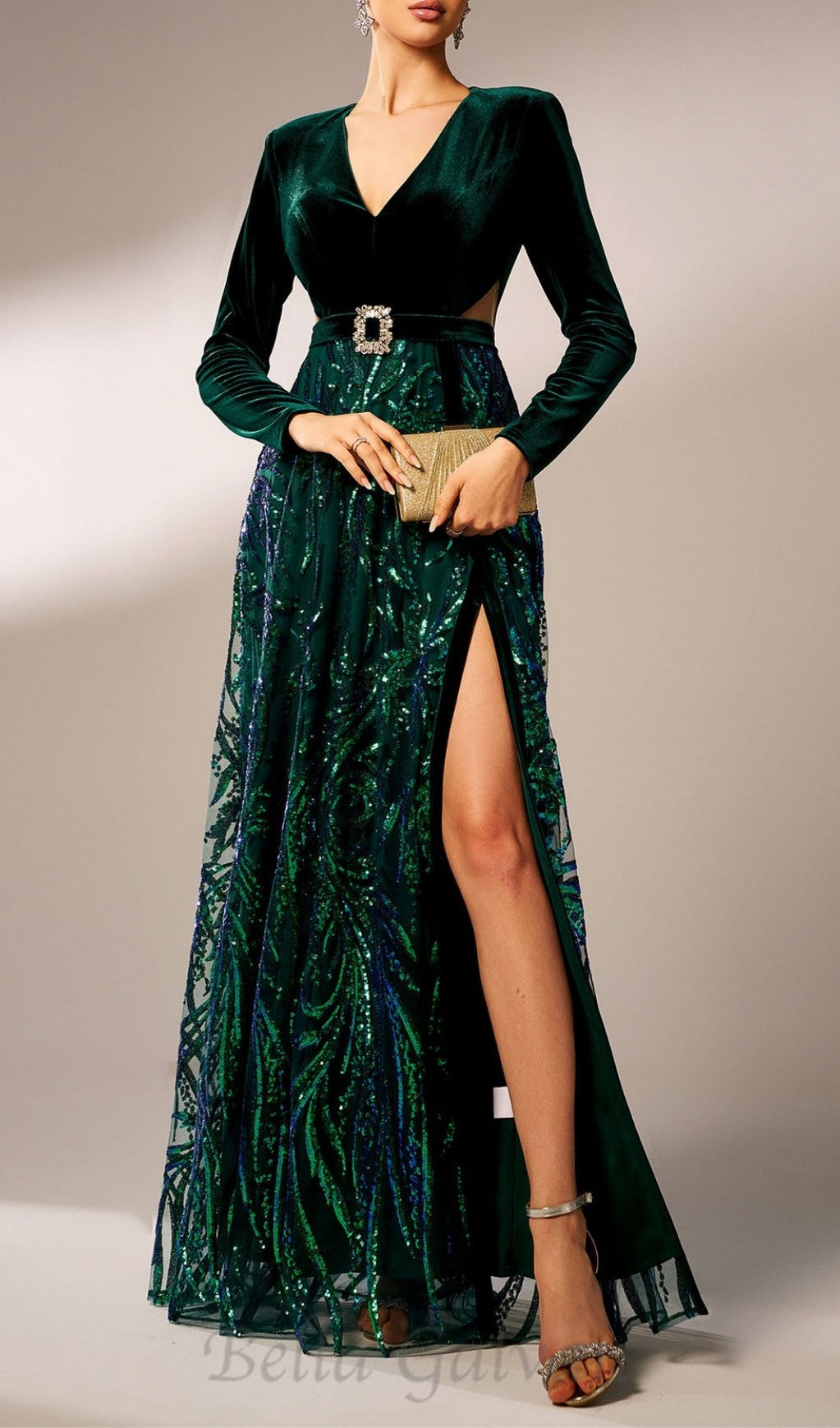 Flowering Girl Women high slit sequin long sleeve maxi dress in green
