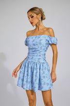 sophia Blue Floral Off-Shoulder Mini Dress