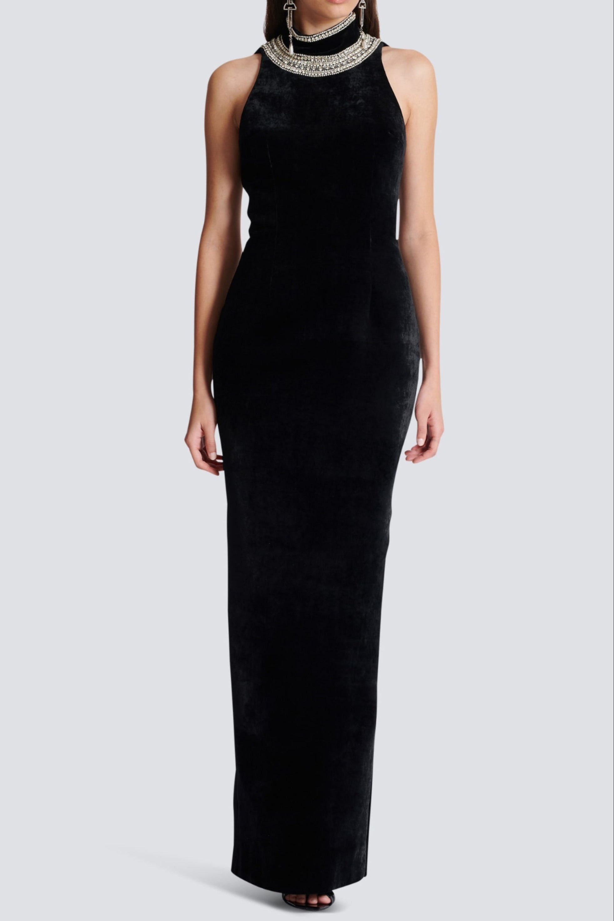 Flowering Girl Women Embroidered Velvet Halterneck Maxi Dress In Black