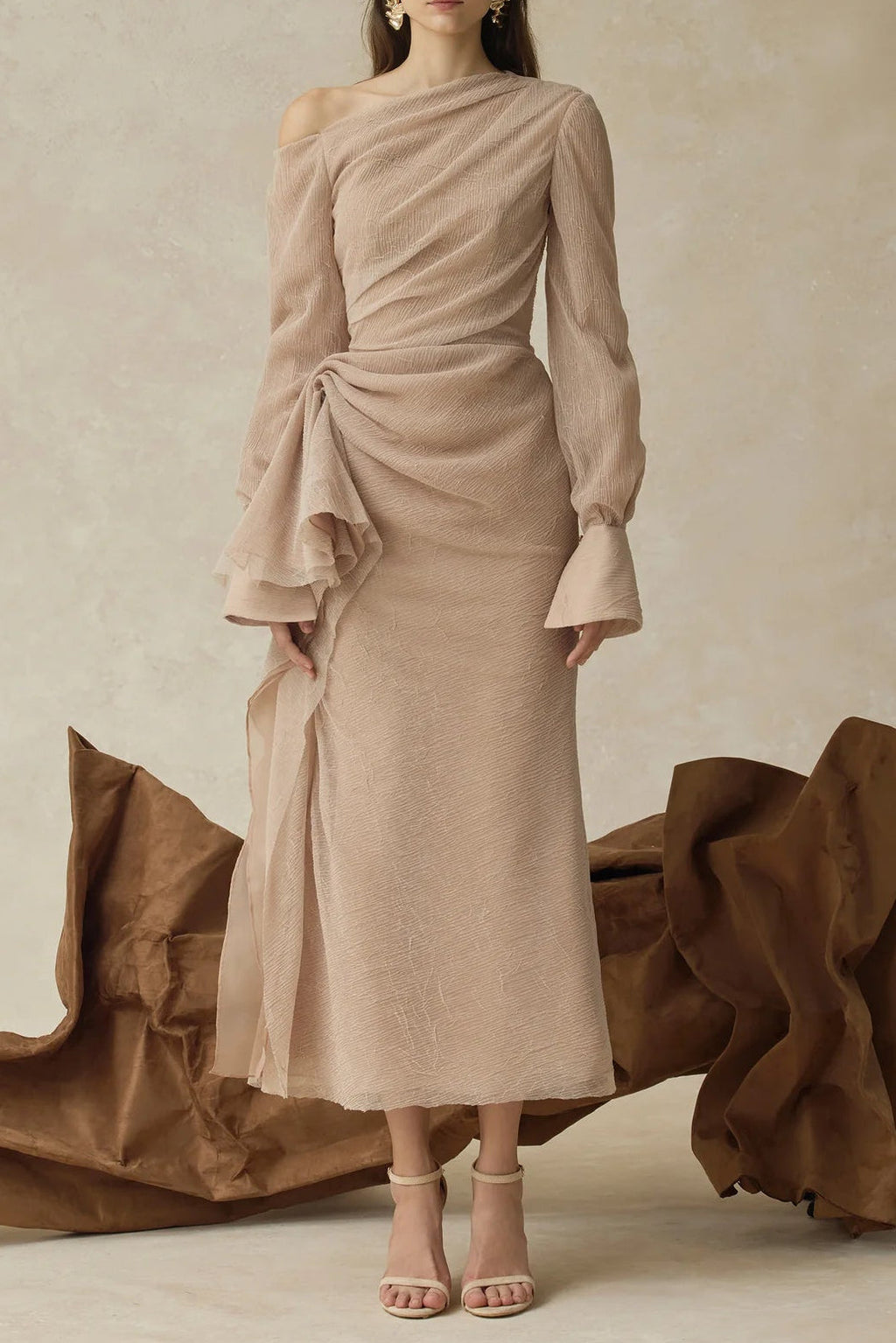 Flowering Girl Women Brianna Asymmetric Long Sleeve Pleated Maxi Dress In Beige