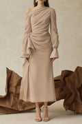 Flowering Girl Women Brianna Asymmetric Long Sleeve Pleated Maxi Dress In Beige