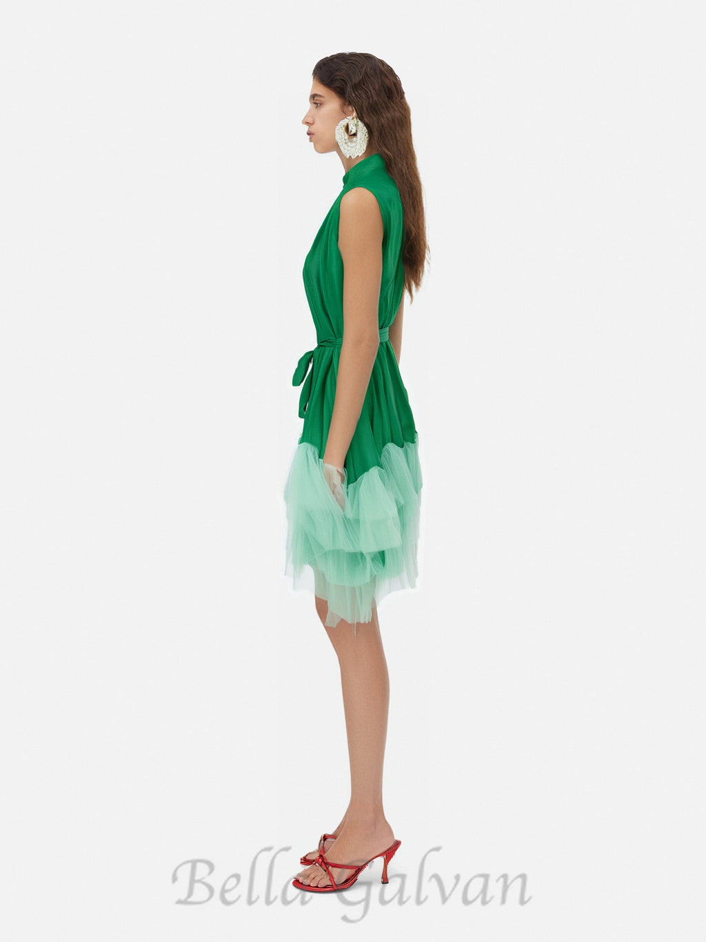 Flowering Girl Women half-high-neckline tulle mini dress in green