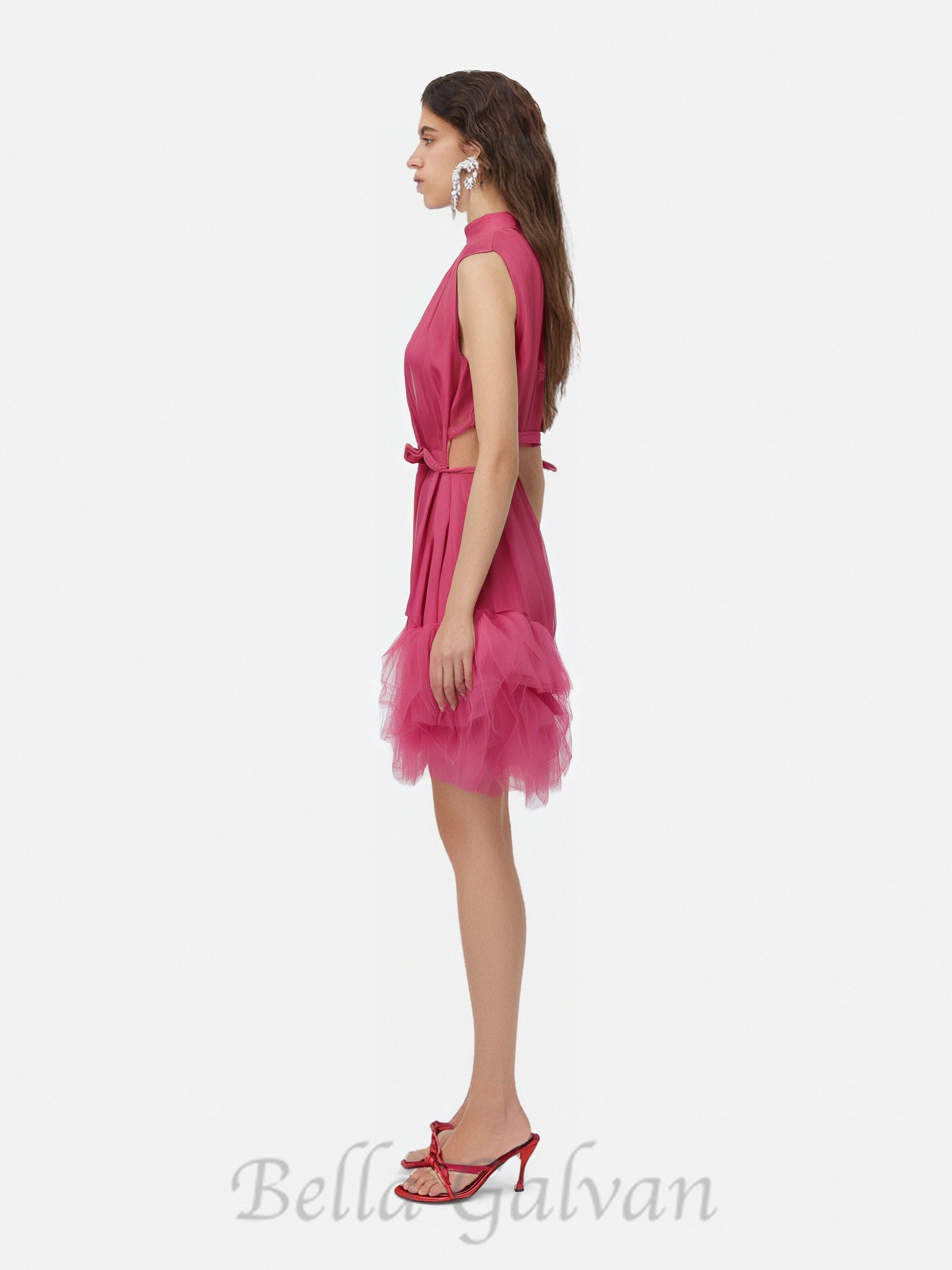 Flowering Girl Women half-high-neckline tulle mini dress in pink