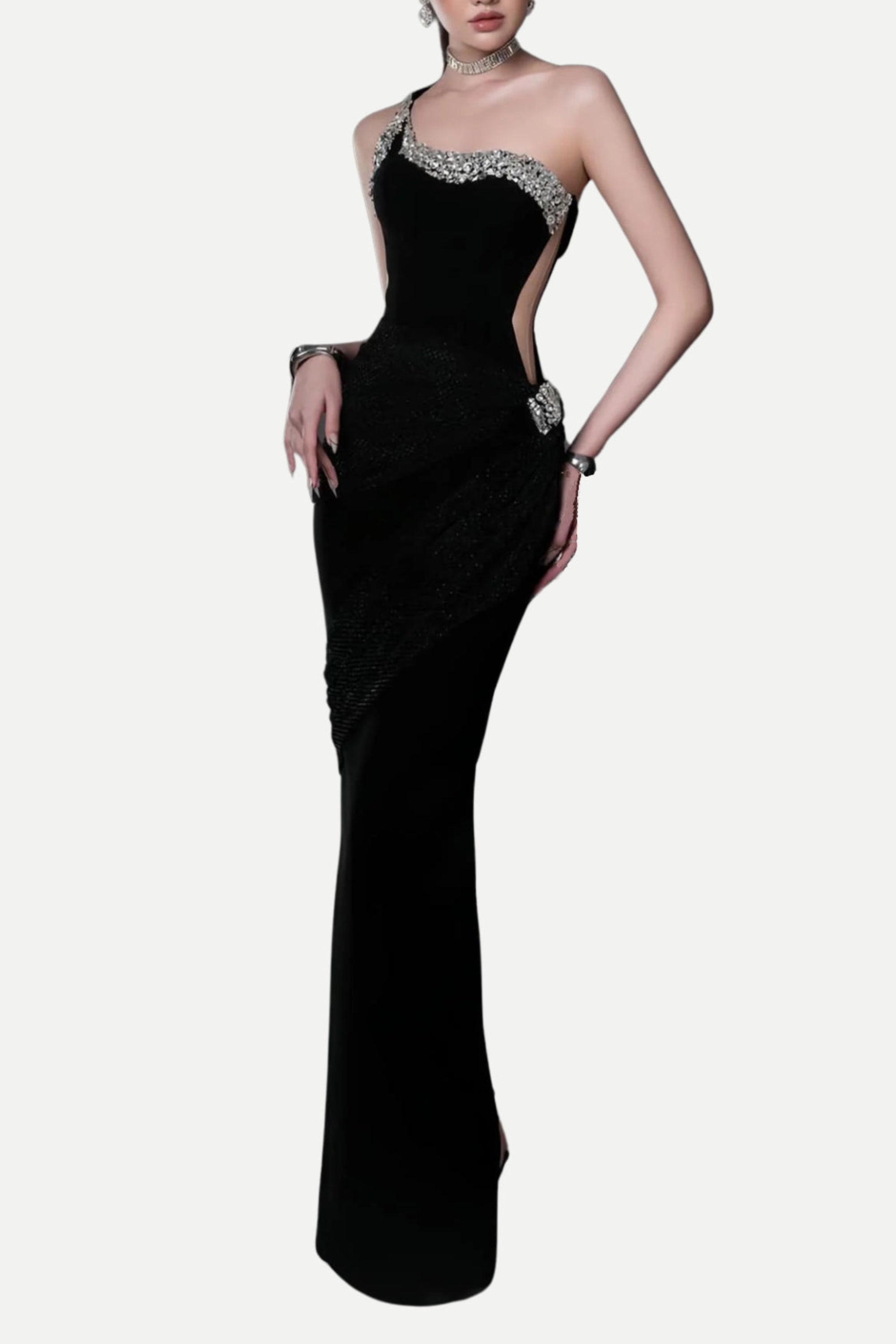 Flowering Girl Women Black One-Shoulder Diamonds Bandage Maxi Dress