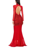 Flowering Girl Women Slinky Mesh Long Sleeve Maxi Dress in Ruby