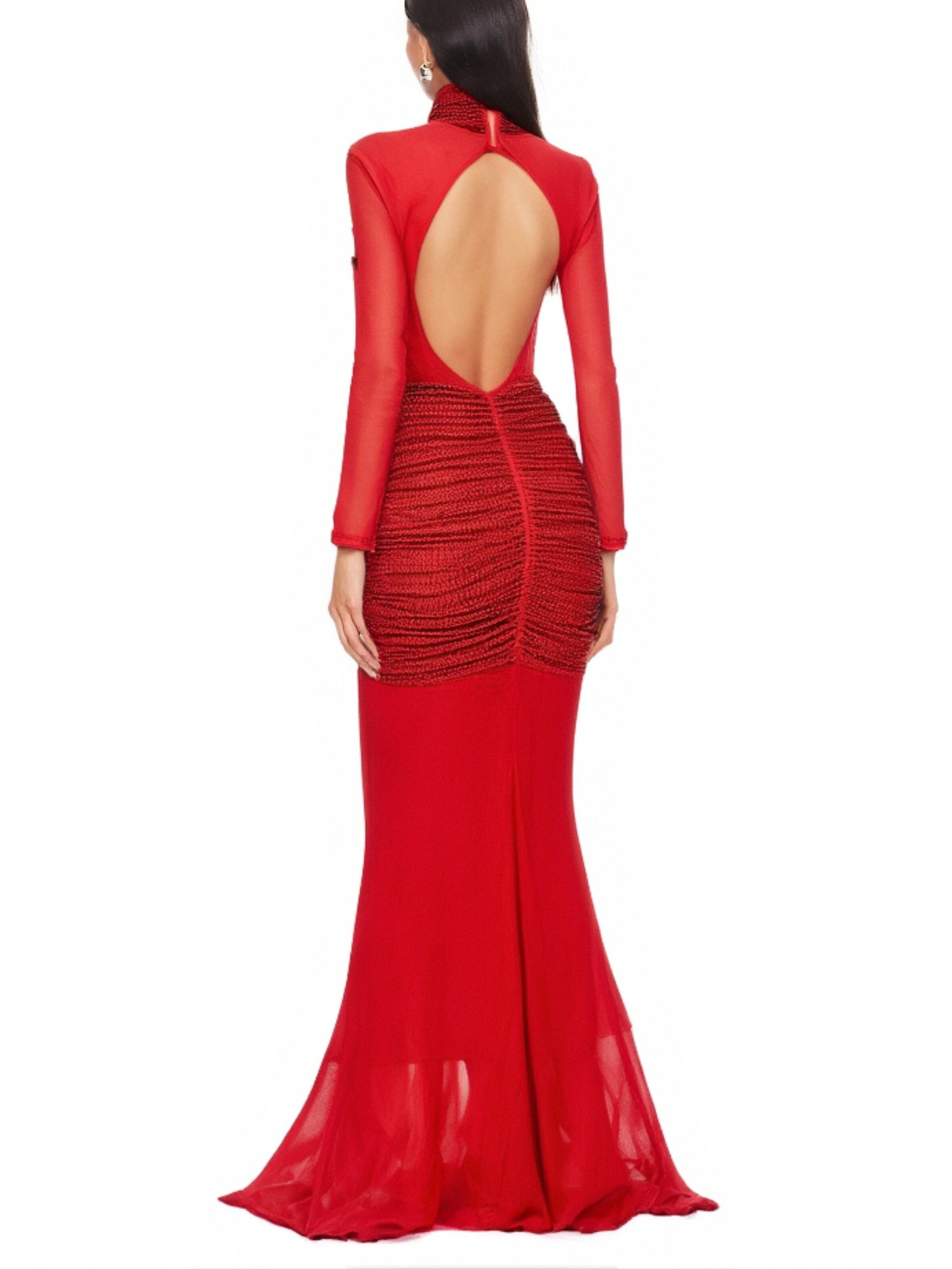 Flowering Girl Women Slinky Mesh Long Sleeve Maxi Dress in Ruby