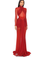 Flowering Girl Women Slinky Mesh Long Sleeve Maxi Dress in Ruby