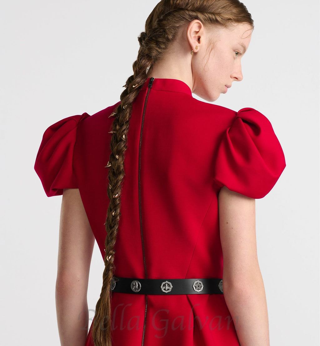 Flowering Girl Women puff sleeve pleated mini dress in red (without black belt)