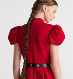 Flowering Girl Women puff sleeve pleated mini dress in red (without black belt)