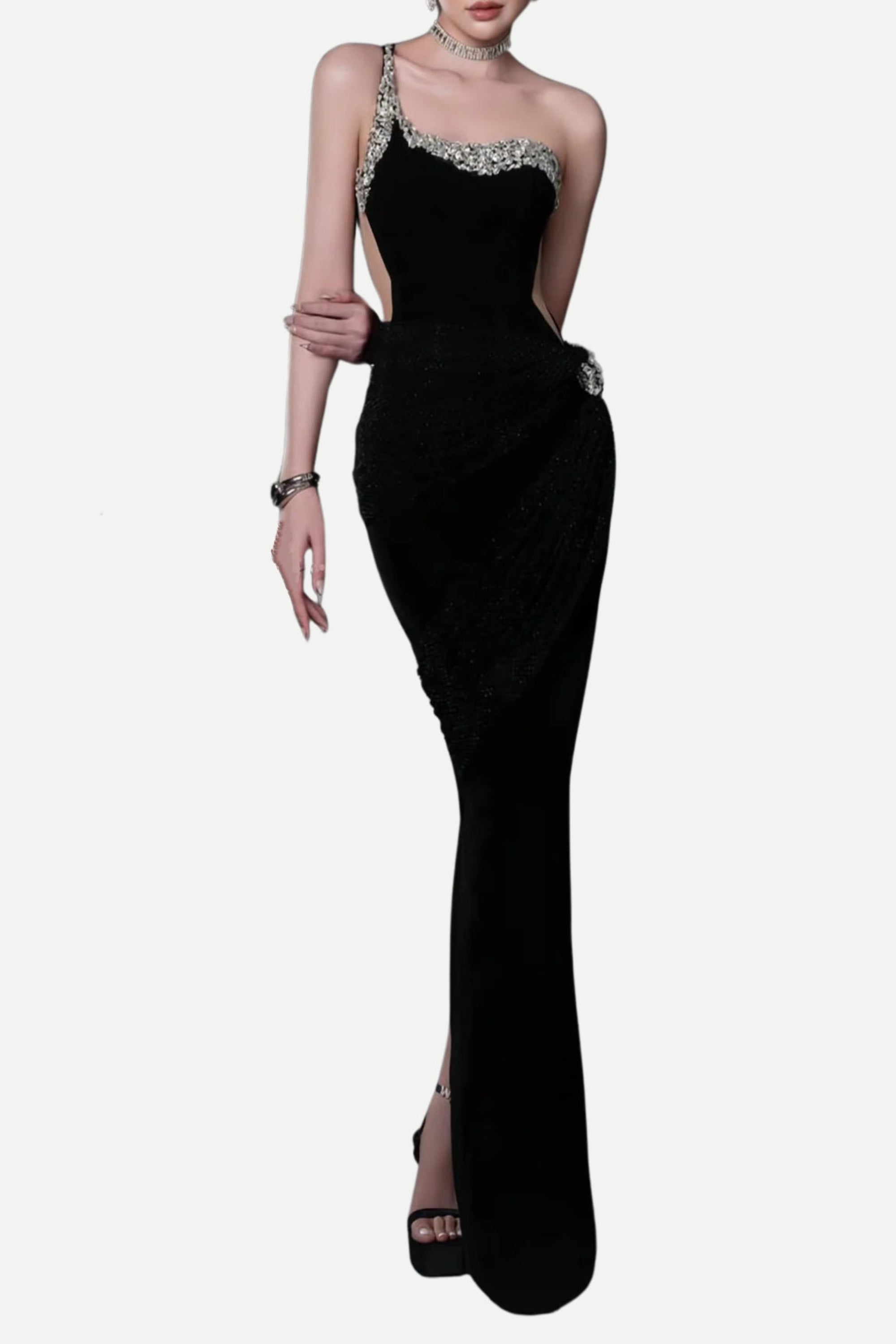 Flowering Girl Women Black One-Shoulder Diamonds Bandage Maxi Dress