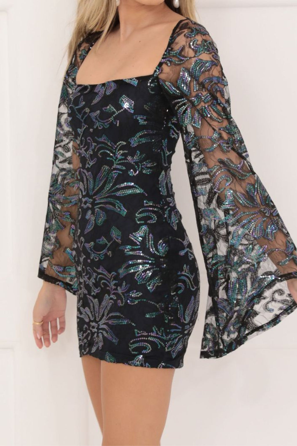 Flowering Girl Women Black Mesh Sequin Flare Sleeve Dress in Navy