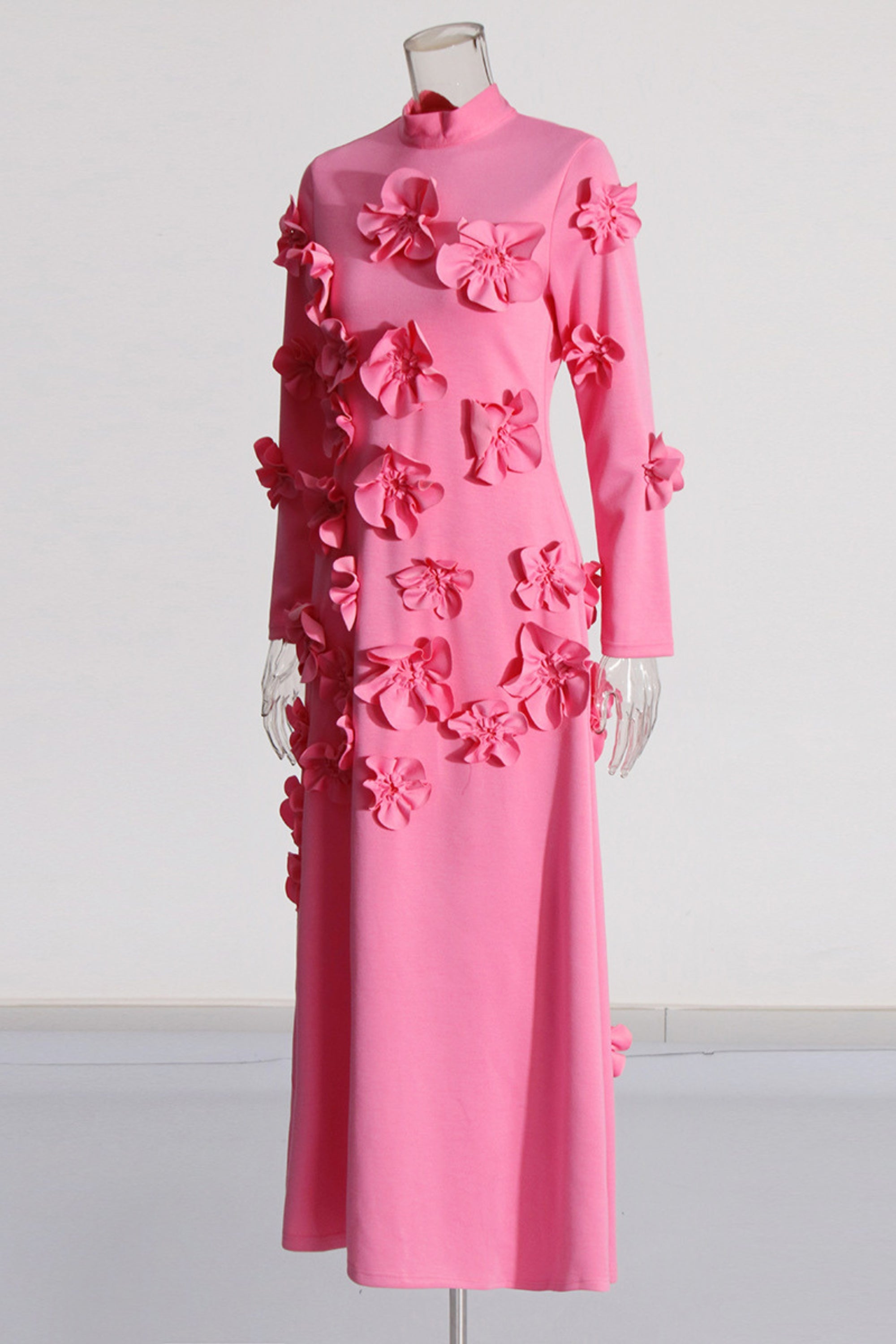 Flowering Girl Women 3D Flower Stand Collar Long Sleeve Midi Dress