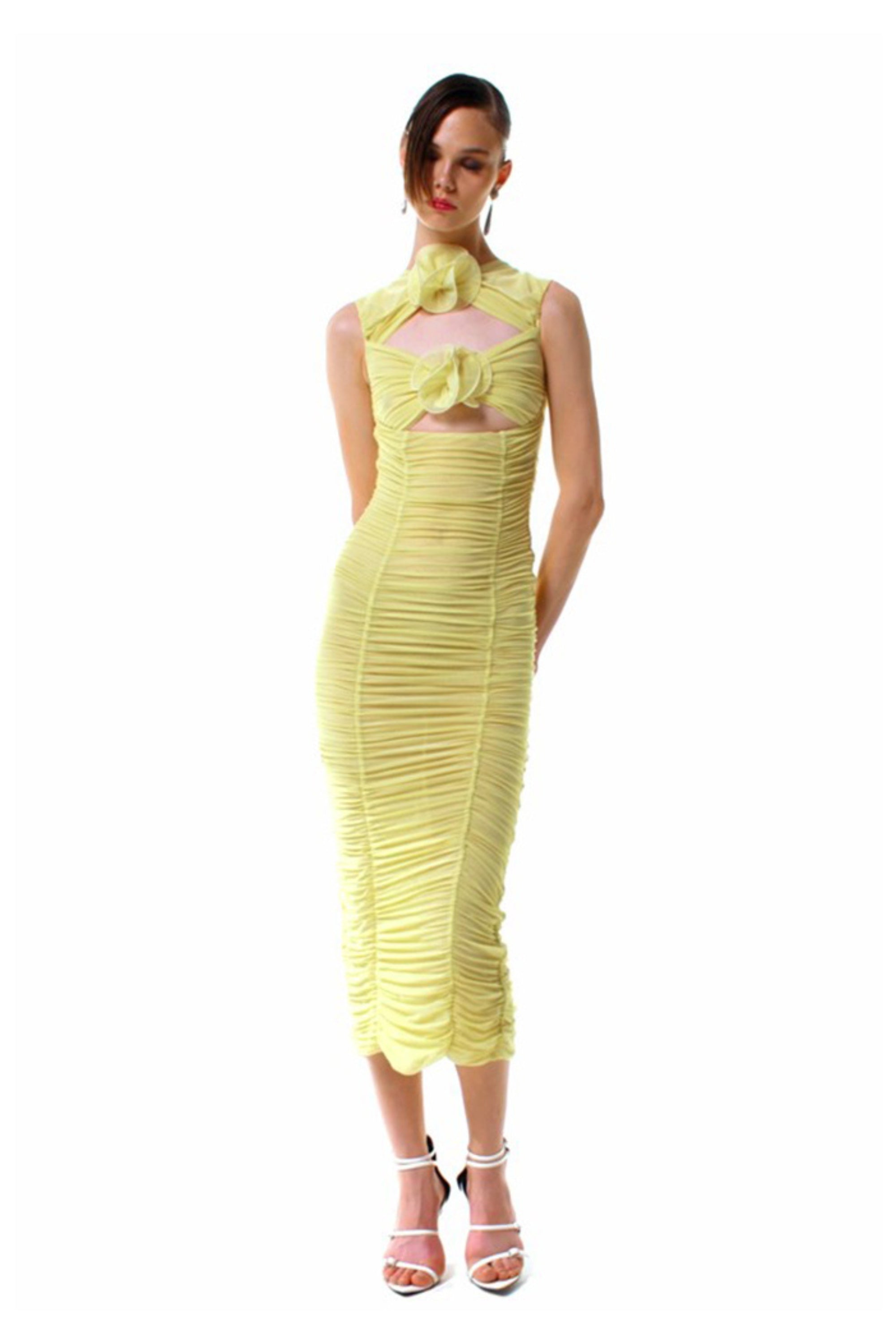 Flowering Girl Women Tulle Floral Cutout Midi Dress In Yellow