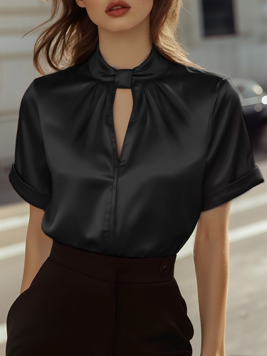 Flowering Girl Women Sophisticated White Satin Blouse With Modern Keyhole Neckline
