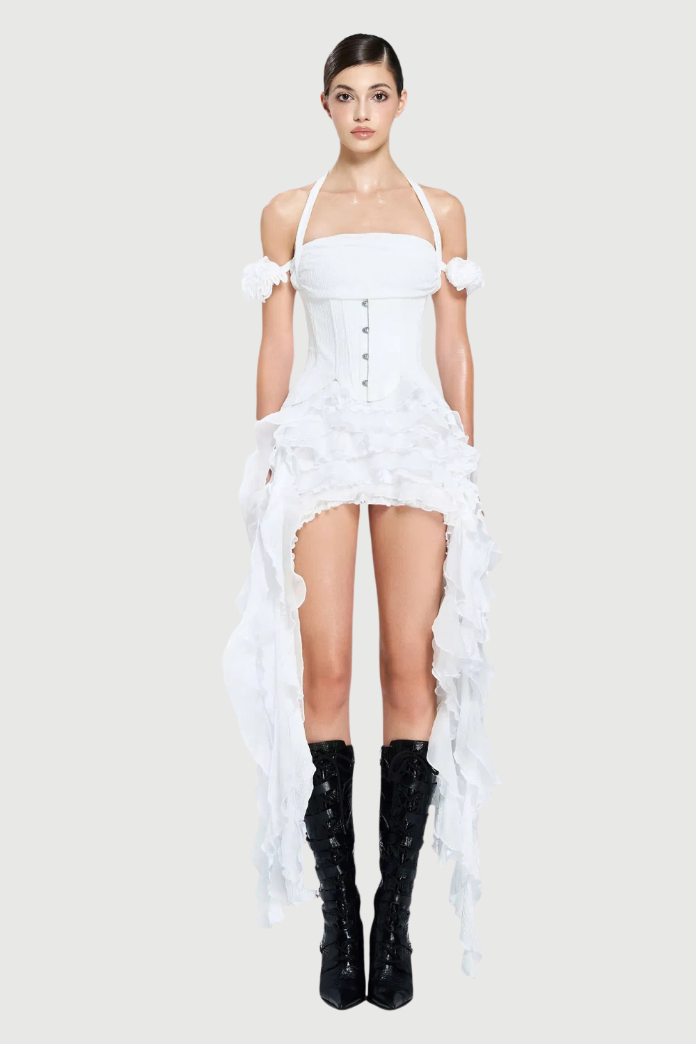 Flowering Girl Women elva halter three-dimensional flower irregular tassel mini dress in white