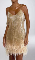 Champagne Tassel Feather Mini Dress